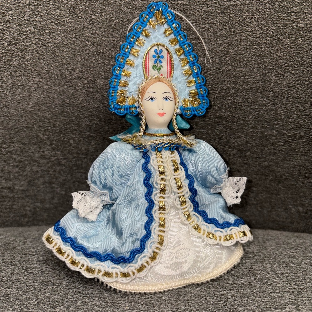 Traditional Handmade Russian Doll Hanging Ornament in Blue Dress
